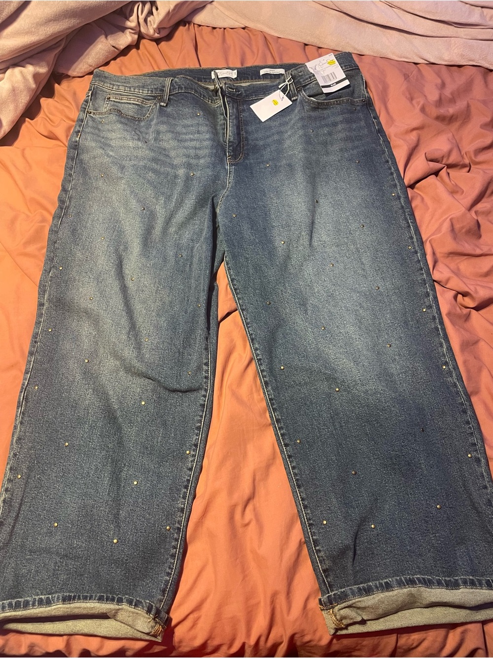 Brand new 24w Jessica Simpson indigo denim wide leg boyfriend jeans w gold studs